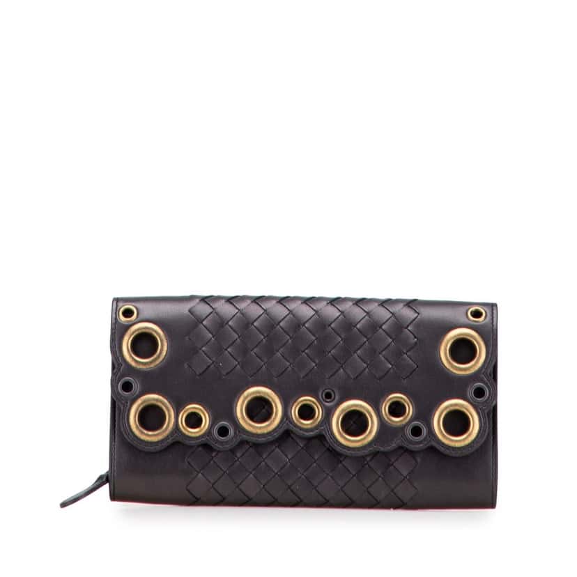 Bottega Veneta Nappa Intrecciato Grommet Scalloped Edge Long Wallet Black Leather Good condition - Front View
