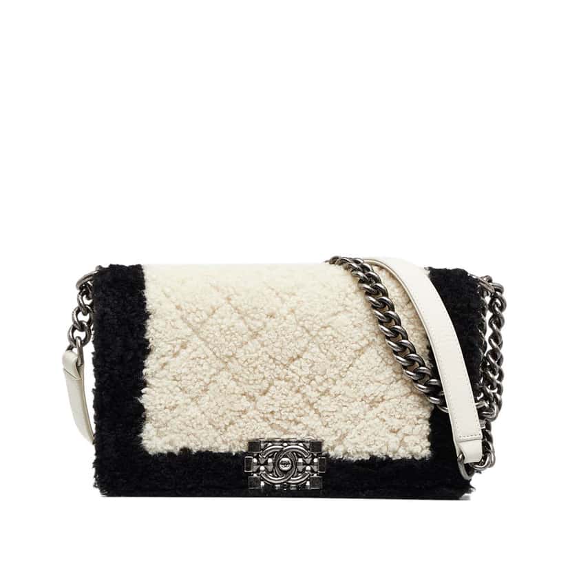 Chanel Old Medium Bicolor Shearling Boy Flap White Very good condition - Back View