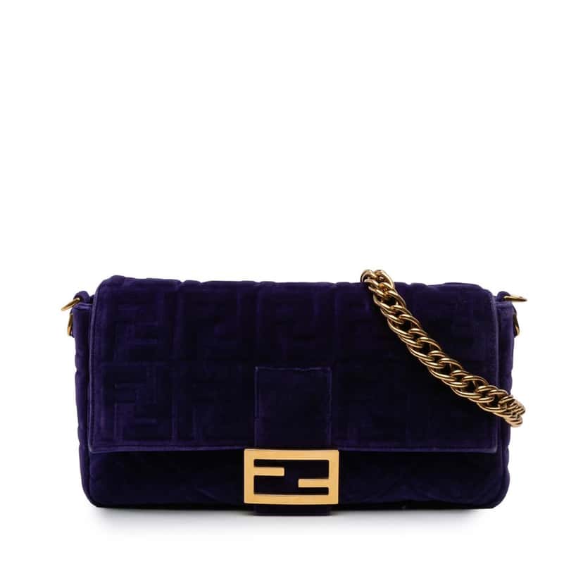 Fendi Large FF Embossed Velvet Baguette Satchel Purple Velvet Good condition - Front View