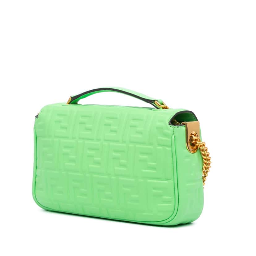 Fendi Zucca Embossed Leather Chain Midi Baguette Green Leather Very good condition - Back View