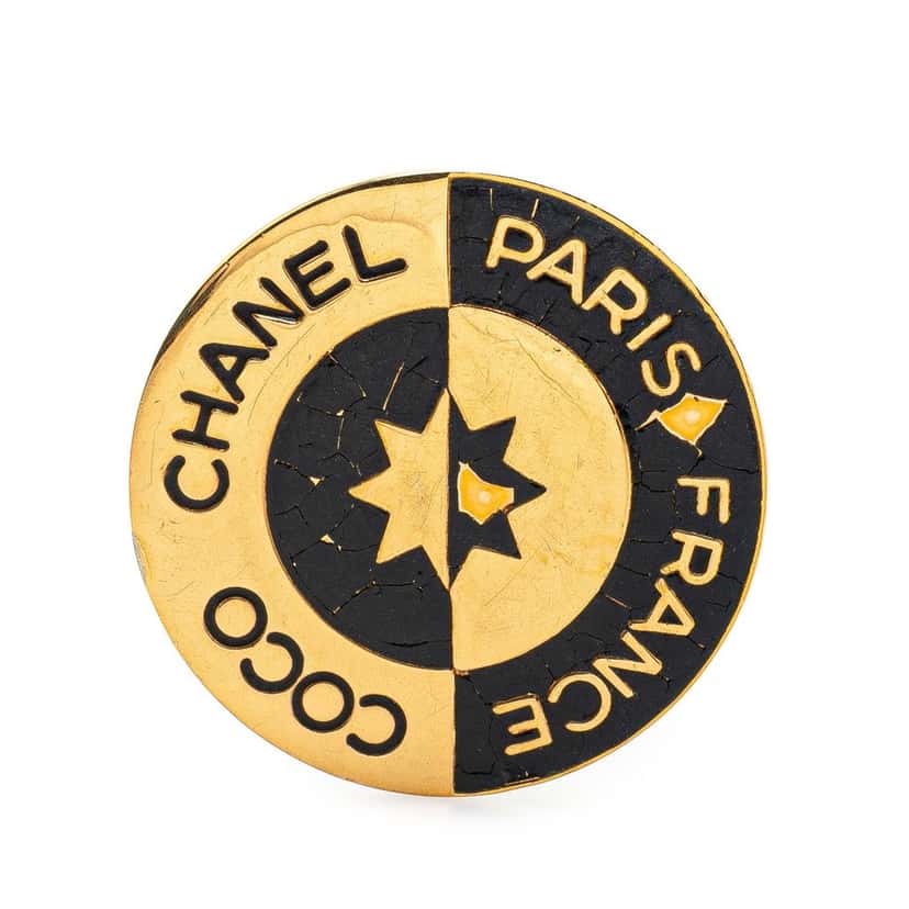 Chanel Gold Plated and Enamel Round Coco Paris Brooch Gold Metal Good condition - Front View