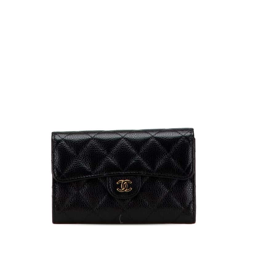Chanel CC Quilted Caviar Trifold Flap Wallet Black Leather Good condition - Front View