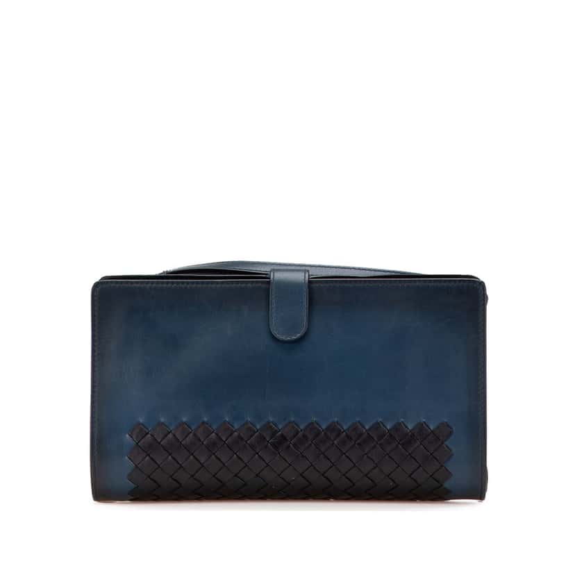 Bottega Veneta Intrecciato Trimmed Nappa Wristlet Clutch Blue Leather Good condition - Front View