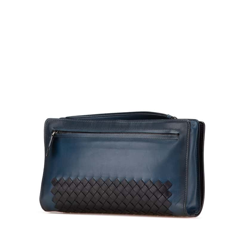 Bottega Veneta Intrecciato Trimmed Nappa Wristlet Clutch Blue Leather Good condition - Back View