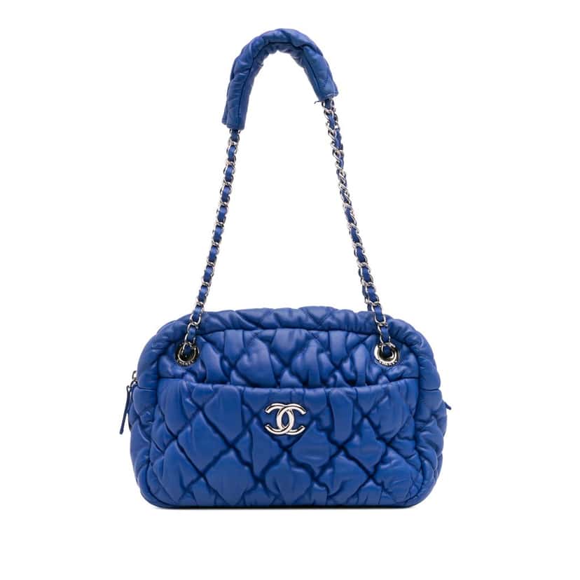 Chanel Quilted Lambskin Bubble Quilt Camera Shoulder Bag Blue Leather Good condition - Front View