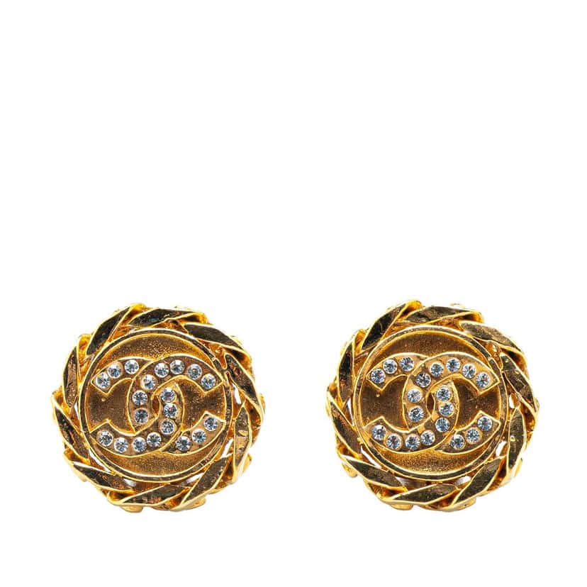 Chanel Gold Plated CC Rhinestones Clip on Earrings Gold Metal Good condition - Front View