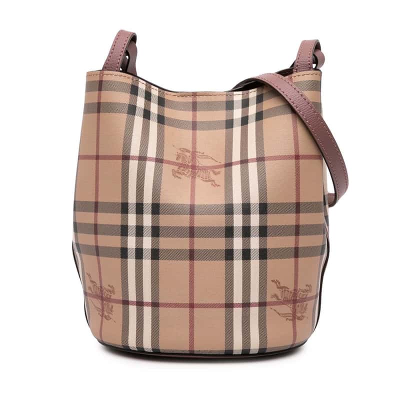 Burberry Haymarket Check Coated Canvas Lorne Bucket Bag Brown Canvas Good condition - Front View
