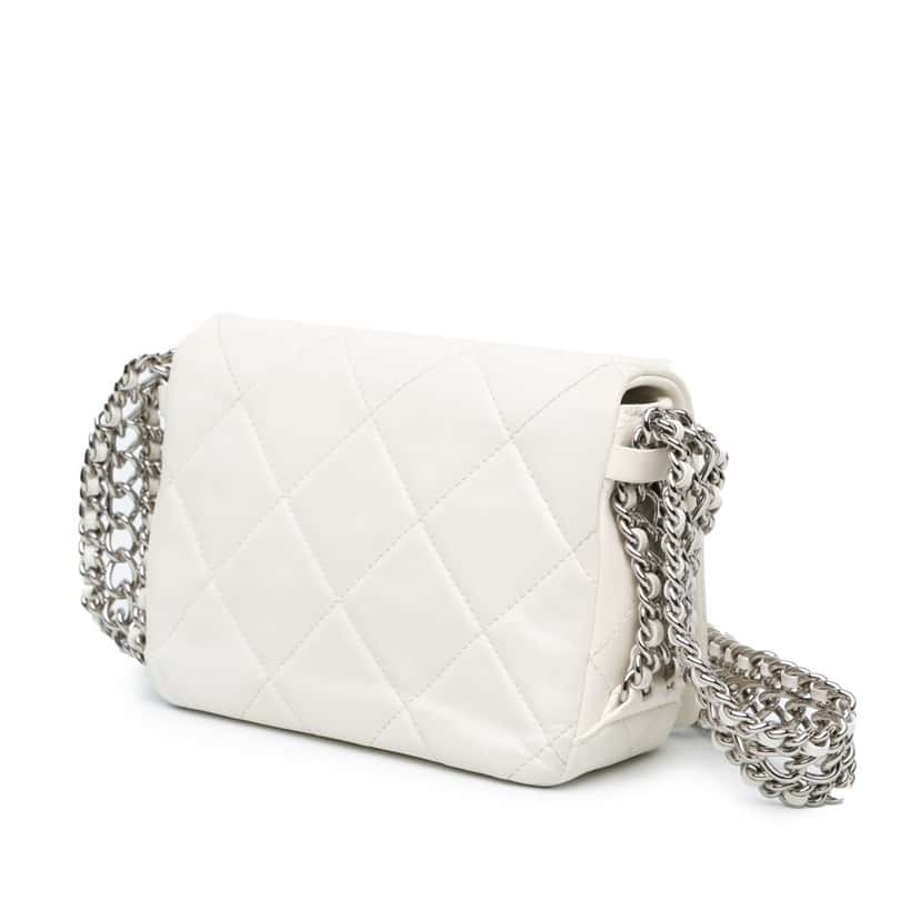 Chanel Mini Quilted Lambskin Chain Rows Flap White Leather Very good condition - Back View