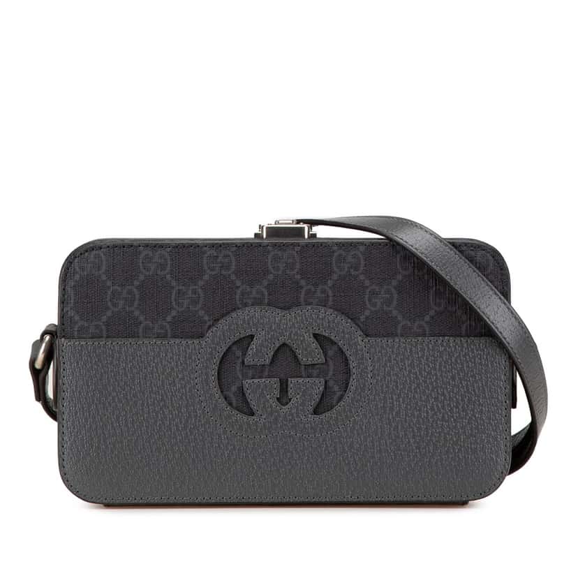 Gucci GG Supreme and Leather Cut Out Interlocking G Crossbody Grey Canvas Good condition - Front View