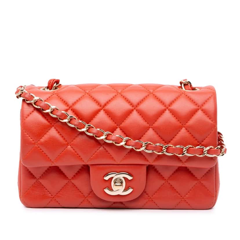 Chanel Mini Rectangular Classic Lambskin Single Flap Orange Leather Good condition - Front View