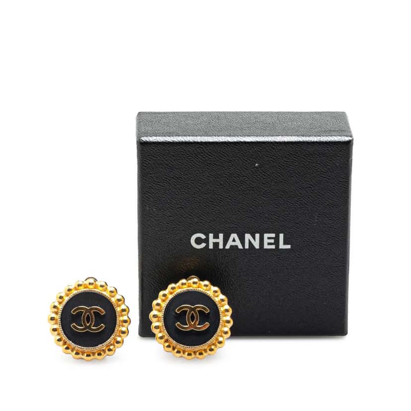 Chanel Gold Plated Acrylic CC Button Clip On Earrings Gold Metal Fair condition - Model View