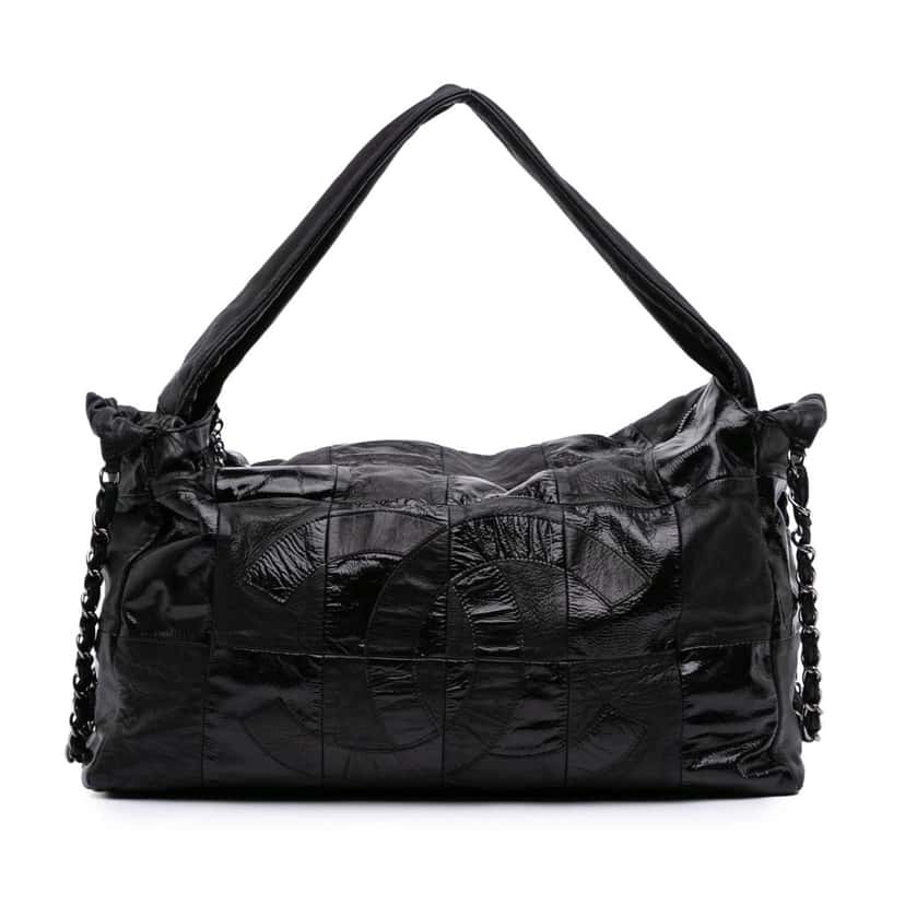 Chanel Lambskin and Patent Brooklyn Patchwork Hobo Bag Black Leather Good condition - Front View