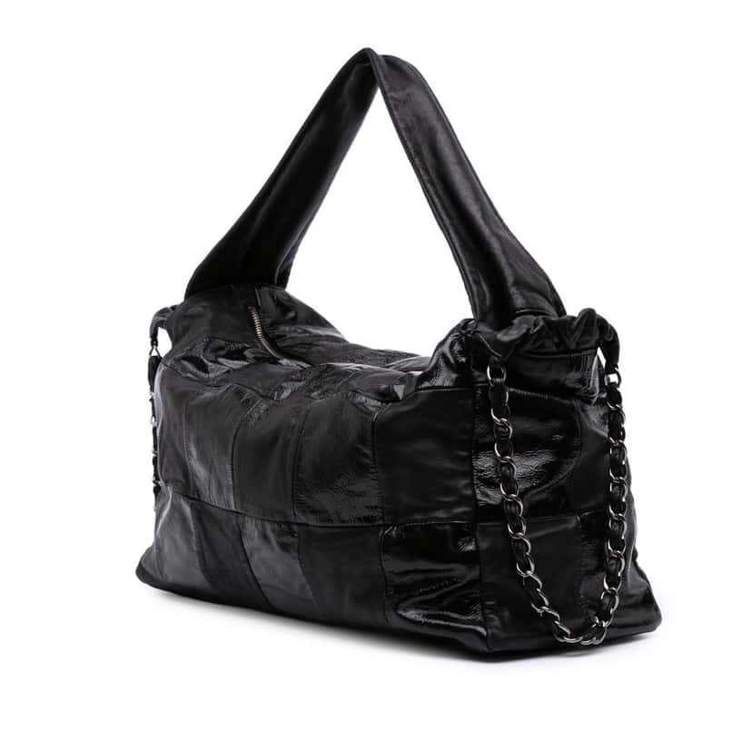Chanel Lambskin and Patent Brooklyn Patchwork Hobo Bag Black Leather Good condition - Back View