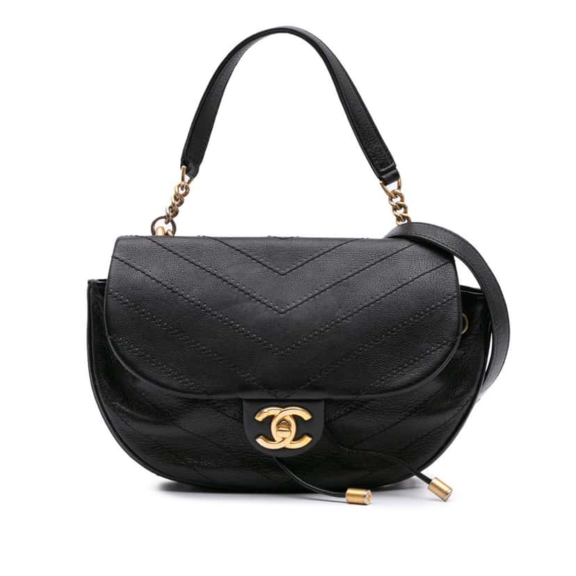 Chanel CC Chevron Lambskin Round Flap Satchel Black Leather Good condition - Front View