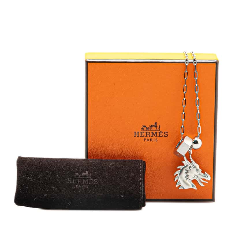Hermès Palladium Plated Talismans Dragon H Pendant Necklace Silver Metal Good condition - Box View