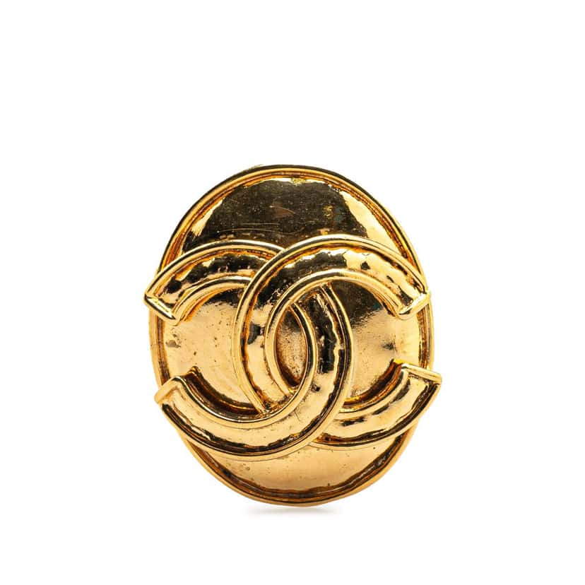 Chanel CC Gold Plated Oval Brooch Gold Metal Good condition - Front View