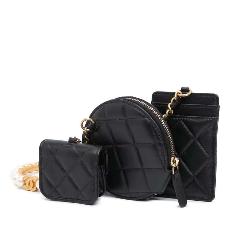 Chanel Lambskin Pearl Crown CC Wristlet Multi Pouches Black Leather Good condition - Back View