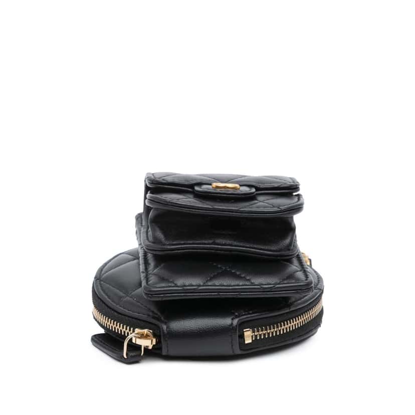 Chanel Lambskin Pearl Crown CC Wristlet Multi Pouches Black Leather Good condition - Inside View