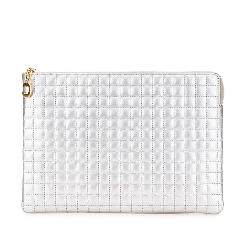 Celine Quilted Metallic Calfskin C Charm Pouch Silver Leather Very good condition - Front View
