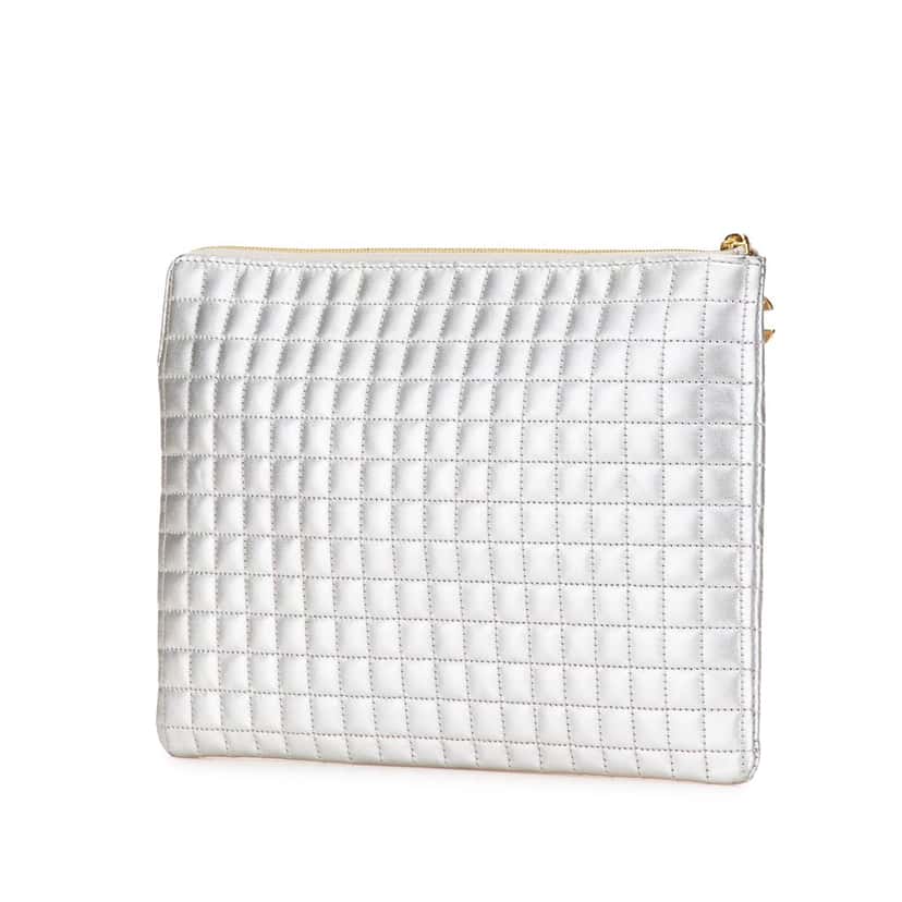 Celine Quilted Metallic Calfskin C Charm Pouch Silver Leather Very good condition - Back View