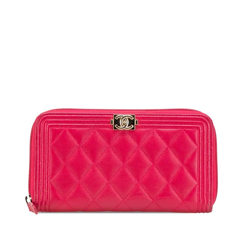 Chanel Quilted Caviar Boy Zip Around Wallet Pink Leather Good condition - Front View