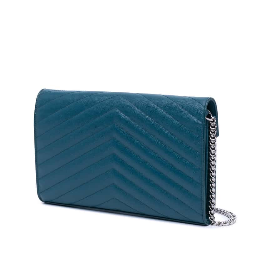 Saint Laurent Grain De Poudre Matelasse Chevron Monogram Chain Wallet Blue Leather Good condition - Back View