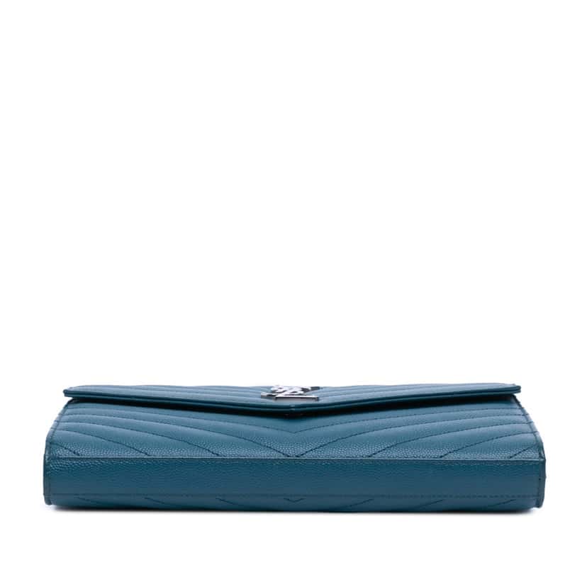 Saint Laurent Grain De Poudre Matelasse Chevron Monogram Chain Wallet Blue Leather Good condition - Inside View