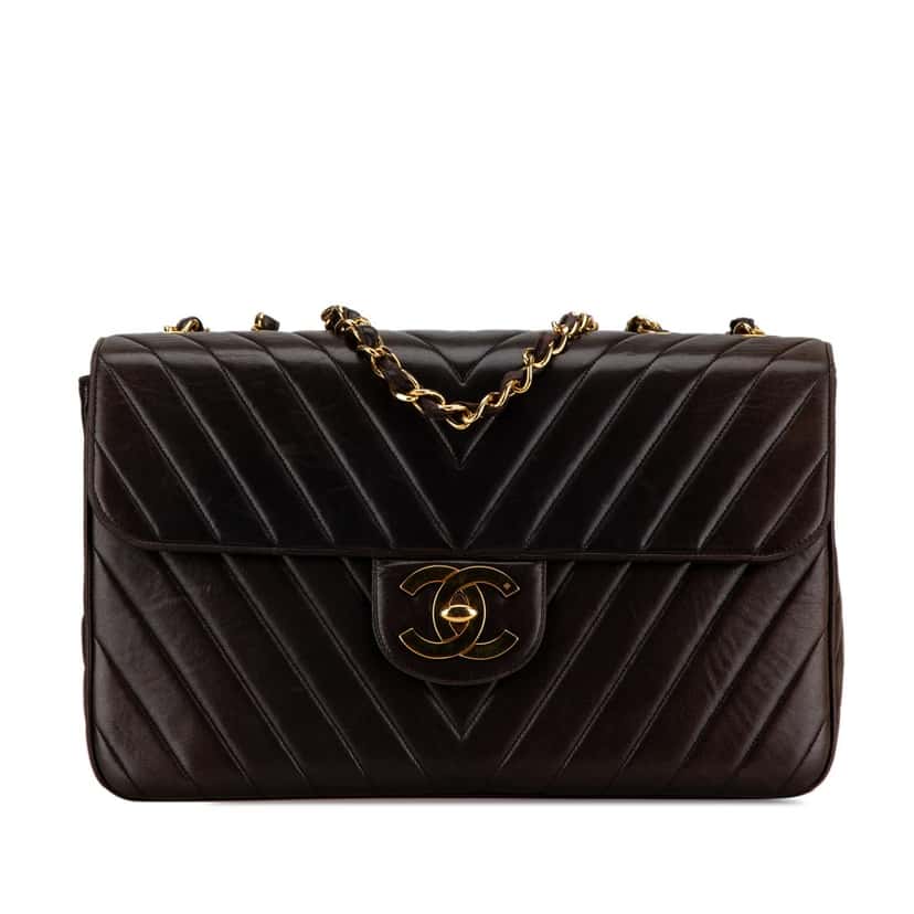 Chanel Maxi XL Chevron Lambskin Single Flap Brown Leather Good condition - Front View