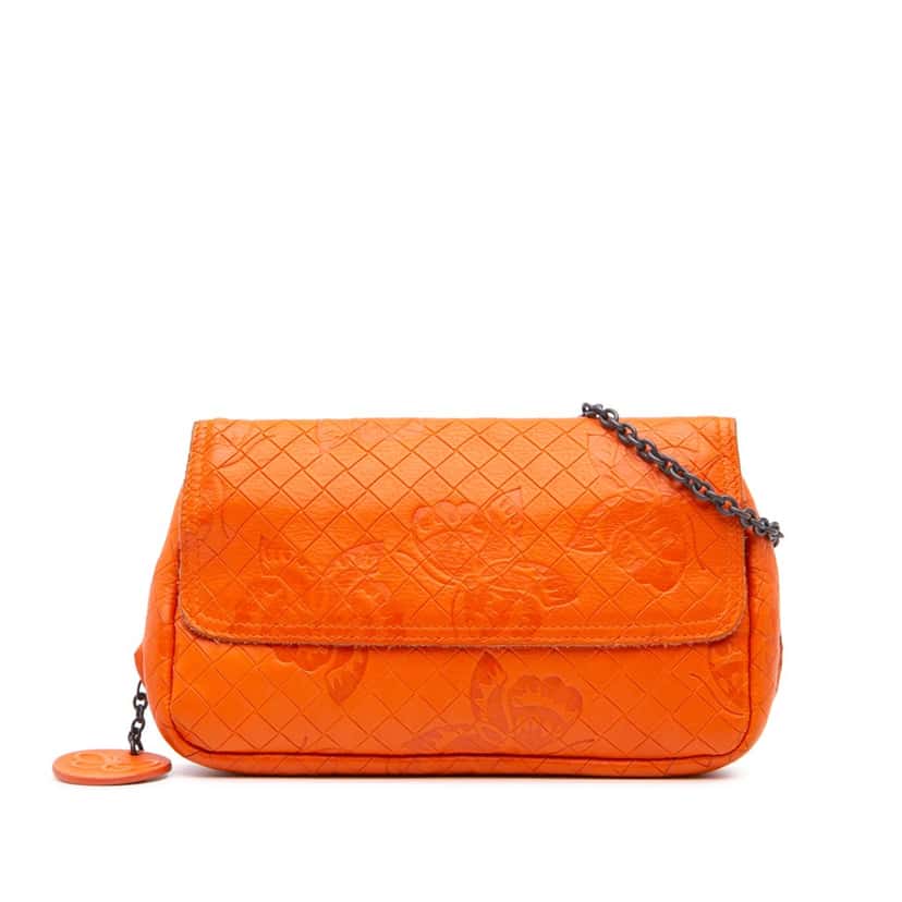 Bottega Veneta Leather Intrecciomirage Butterfly Chain Flap Crossbody Orange Leather Good condition - Front View