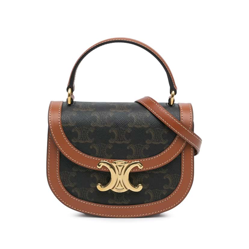 Celine Mini Triomphe Coated Canvas Besace Clea Satchel Brown Canvas Good condition - Front View