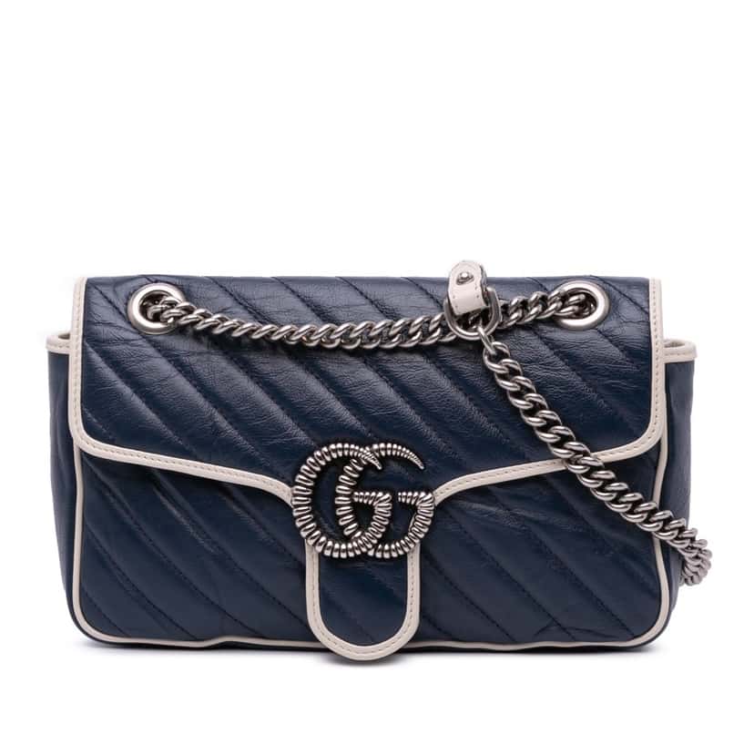 Gucci Small GG Marmont Matelasse Leather Torchon Flap Crossbody Blue Leather Good condition - Front View