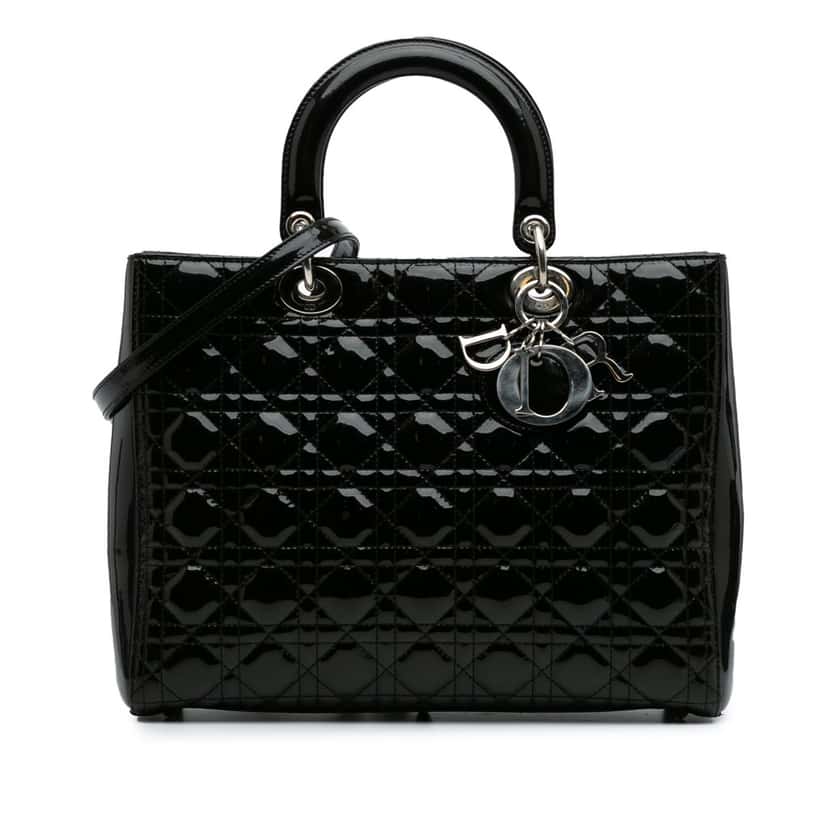 Dior Large Patent Cannage Lady Dior Black Leather Fair condition - Front View