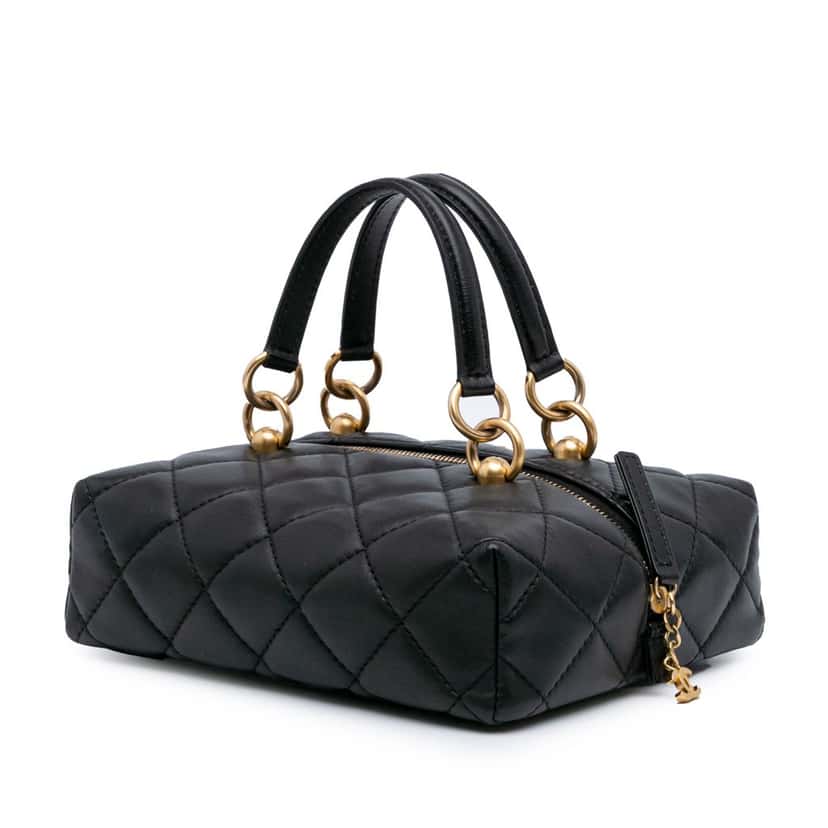 Chanel Métiers d'Art CC Quilted Lambskin Box Top Handle Satchel Black Leather Good condition - Back View