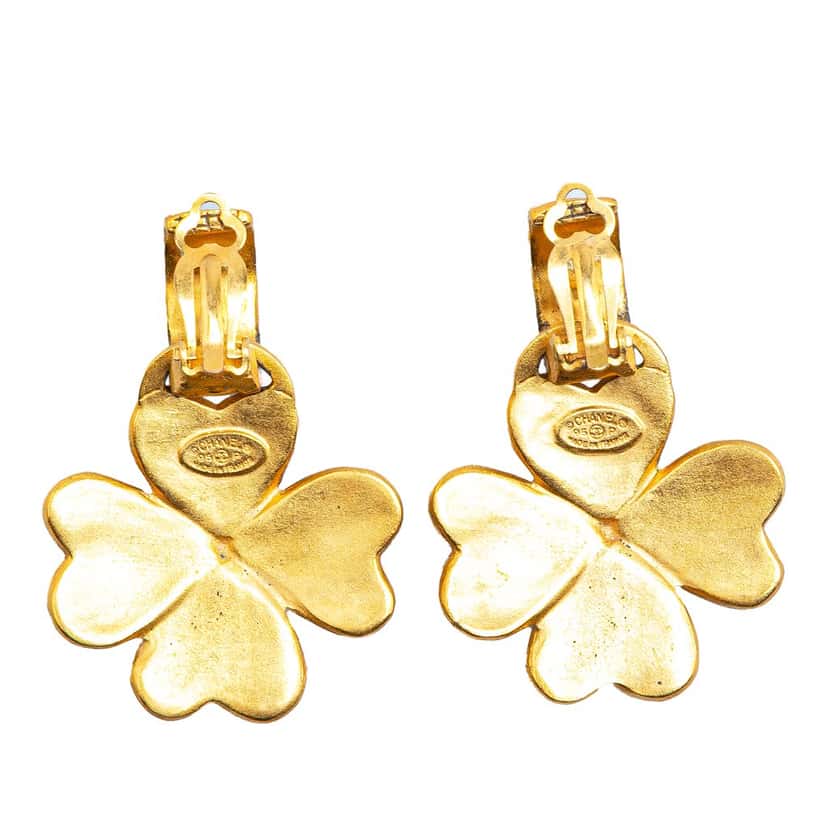 Chanel Gold Plated CC Clover Clip on Earrings Gold Metal Good condition - Back View
