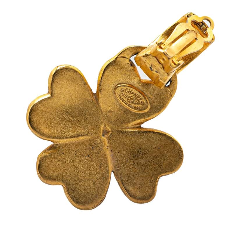 Chanel Gold Plated CC Clover Clip on Earrings Gold Metal Good condition - Inside View