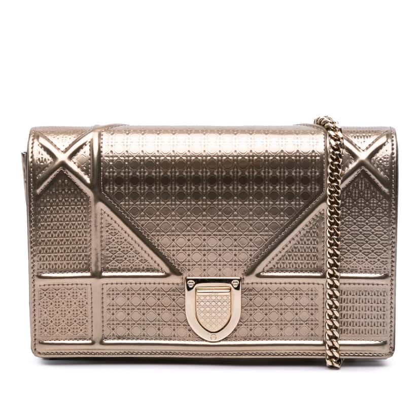 Dior Metallic Patent Microcannage Diorama Wallet on Chain Gold Leather Good condition - Front View