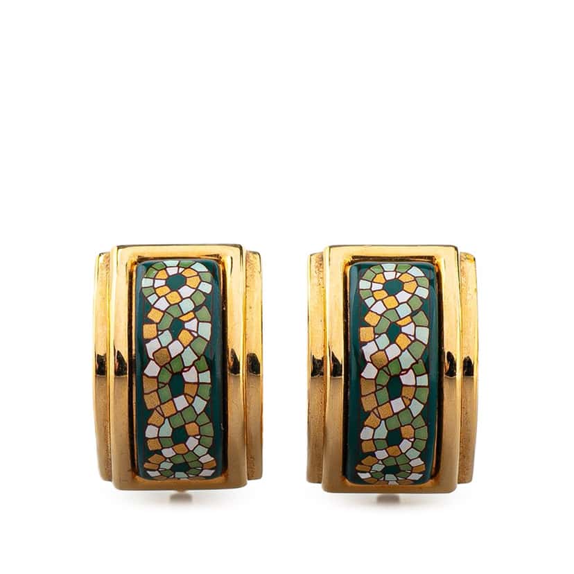 Hermès Enamel Cloisonne Clip On Earrings Green Good condition - Front View