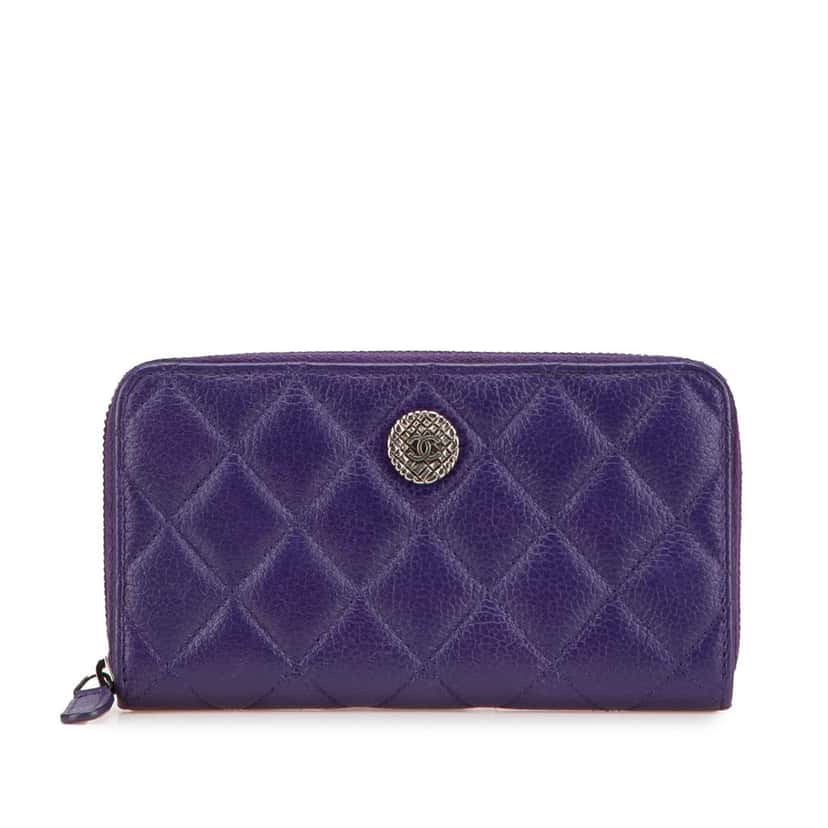 Chanel Quilted Calfskin Button CC Zip Around Wallet Purple Leather Good condition - Front View