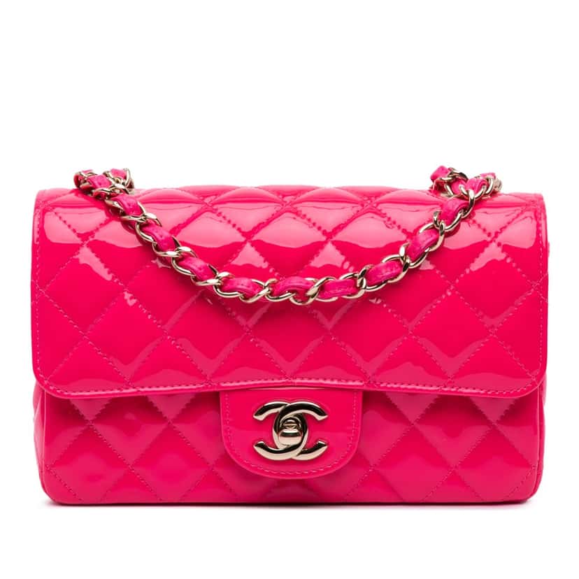 Chanel Mini Rectangular Classic Patent Single Flap Pink Leather Good condition - Front View