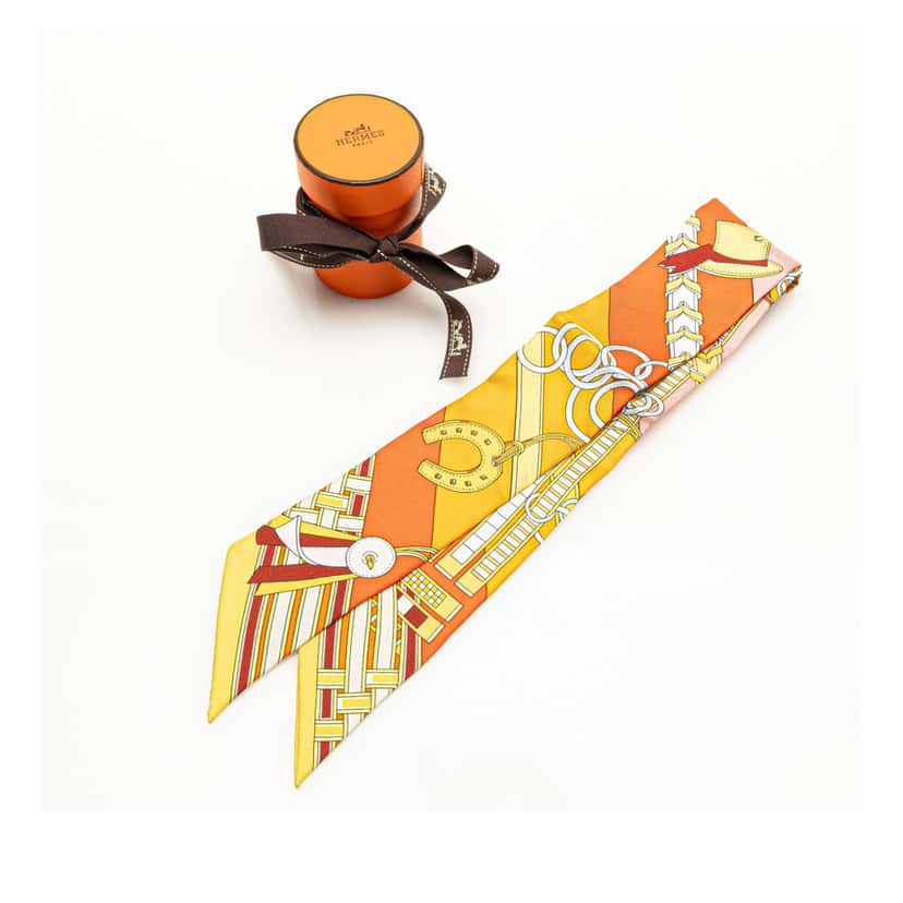 Hermès Brides et Gris-Gris Silk Twilly Scarf Orange Silk Good condition - Box View