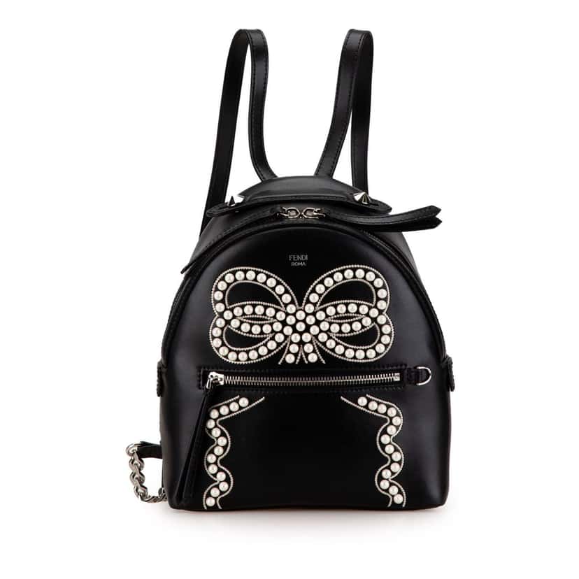 Fendi Mini By The Way Leather Ribbon Pearl Backpack Black Leather Very good condition - Front View