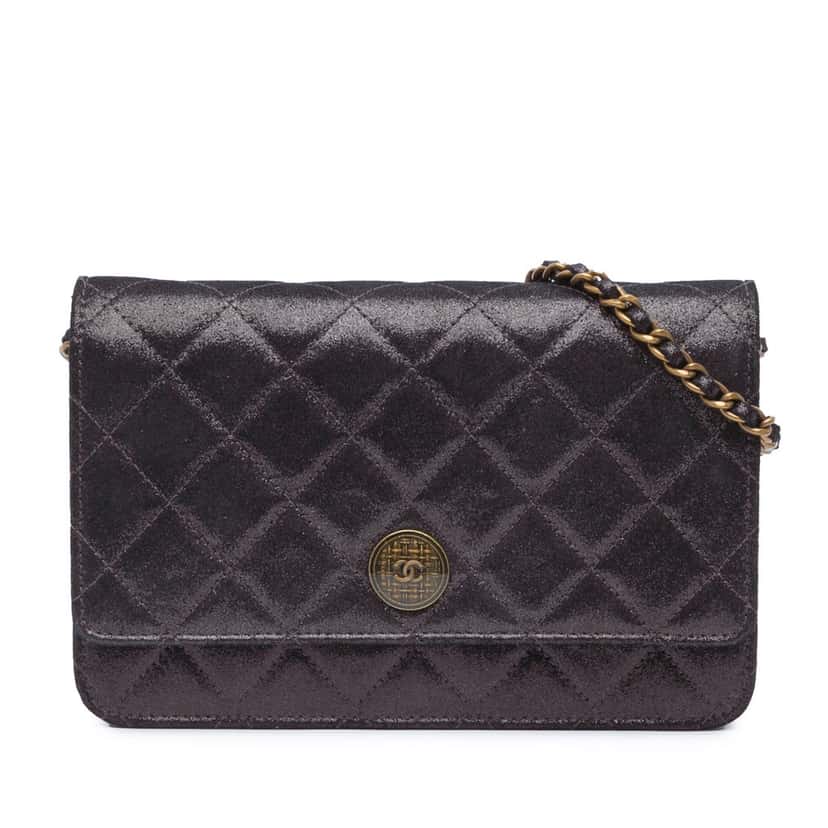 Chanel Metiers d’Art Quilted Iridescent Lambskin Tartan Button Wallet On Chain Brown Leather Good condition - Front View