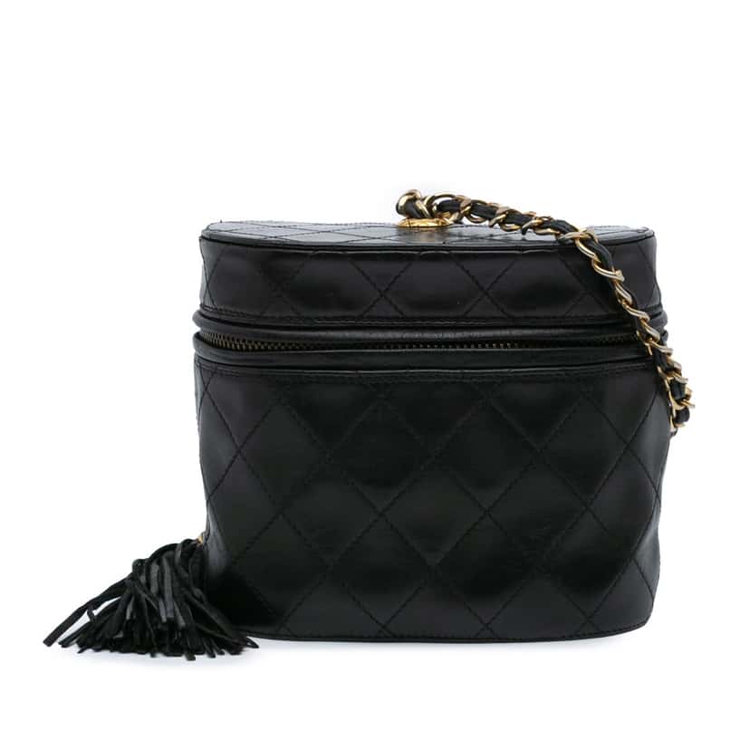 Chanel Quilted Lambskin Tassel Vanity Case Black Leather Good condition - Front View