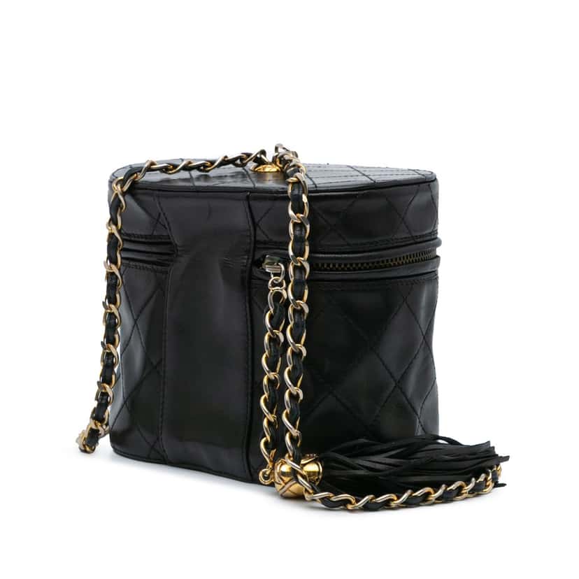 Chanel Quilted Lambskin Tassel Vanity Case Black Leather Good condition - Back View