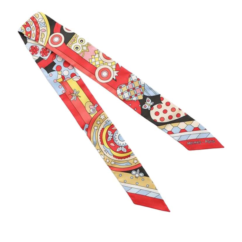 Hermès Les Murmures de la Foret Silk Twilly Scarf Red Silk Very good condition - Back View