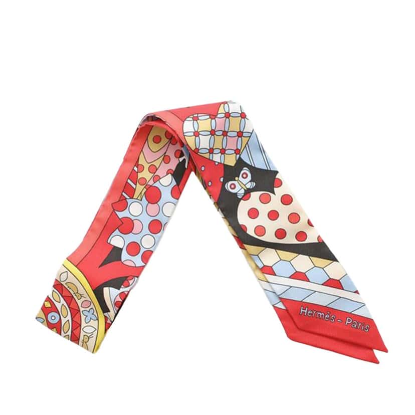 Hermès Les Murmures de la Foret Silk Twilly Scarf Red Silk Very good condition - Inside View