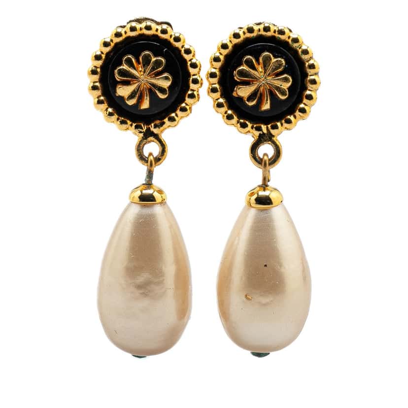 Chanel Gold Plated Clover Faux Pearl Dangling Clip on Earrings Gold Metal Good condition - Front View