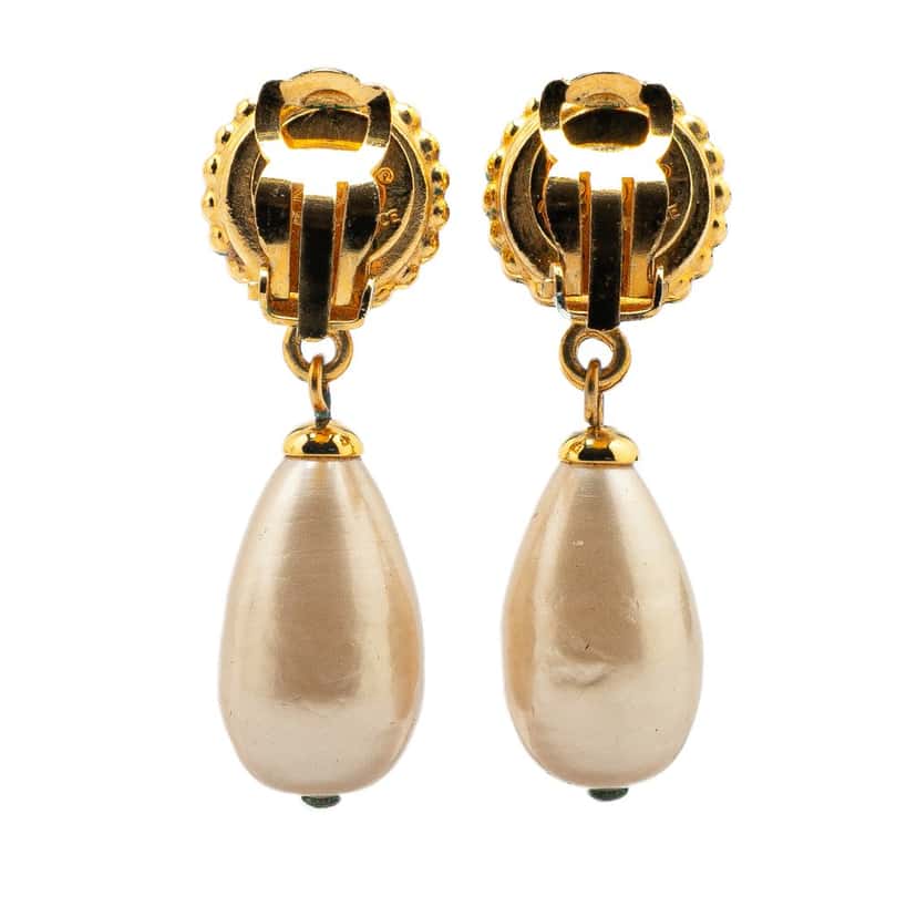 Chanel Gold Plated Clover Faux Pearl Dangling Clip on Earrings Gold Metal Good condition - Back View
