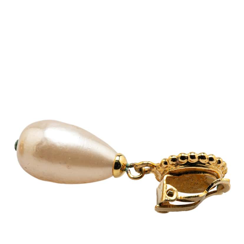 Chanel Gold Plated Clover Faux Pearl Dangling Clip on Earrings Gold Metal Good condition - Box View