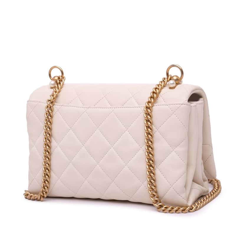 Chanel Quilted Calfskin Pearl CC Accordion Flap White Leather Good condition - Back View